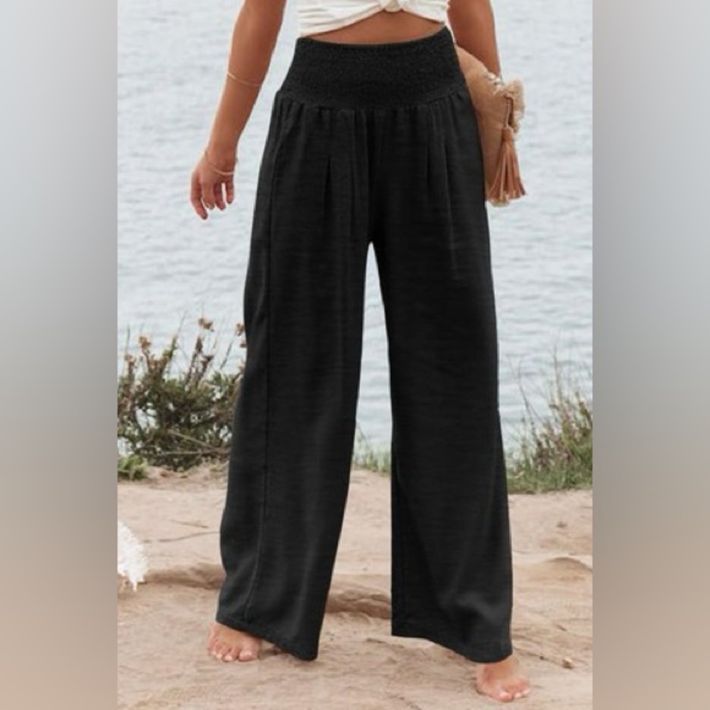 Wide Leg Black Smocked-Waist Pants - Women